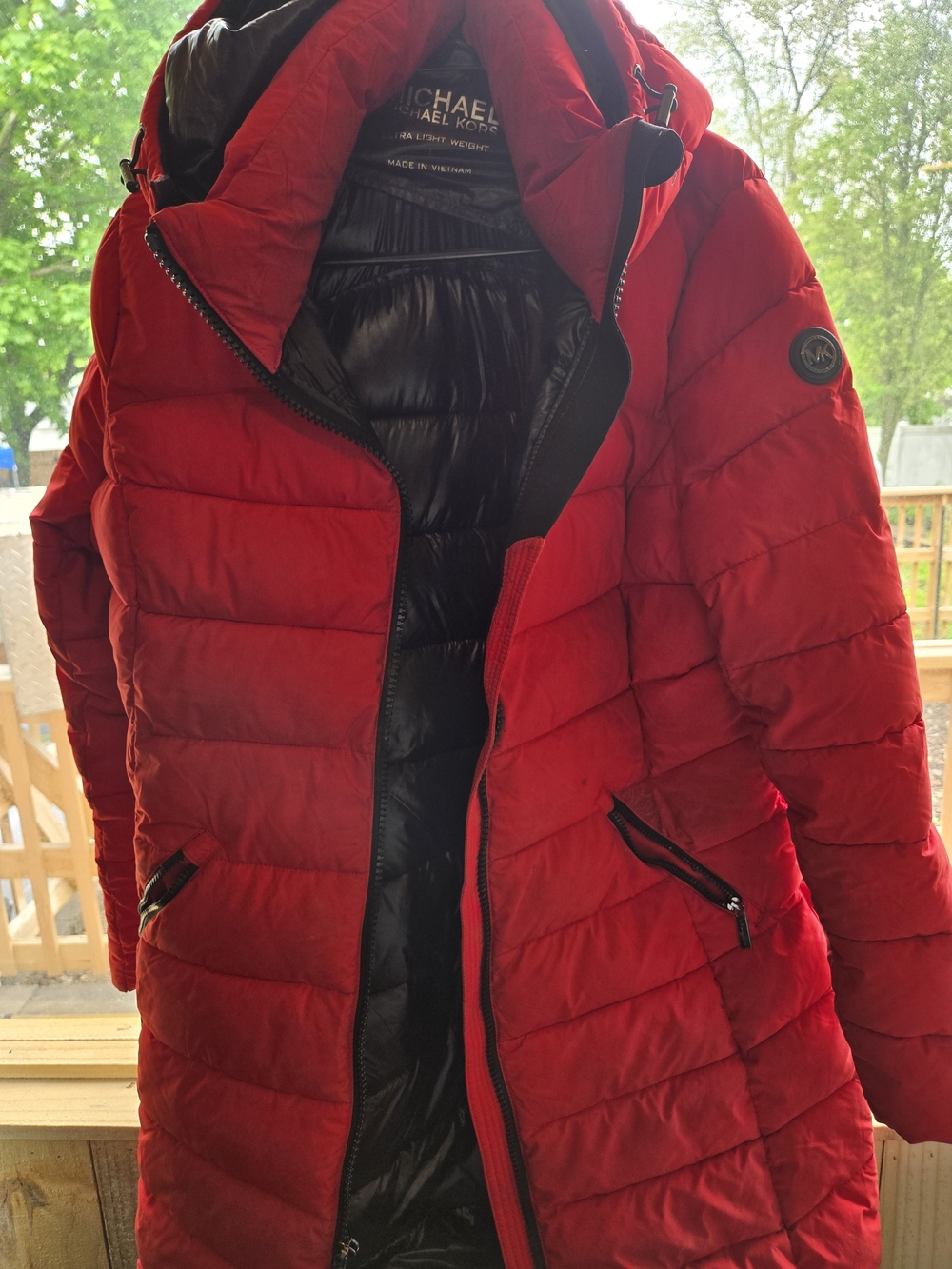 Michael Kors Bright Red Quilted Puffer Coat with Hood